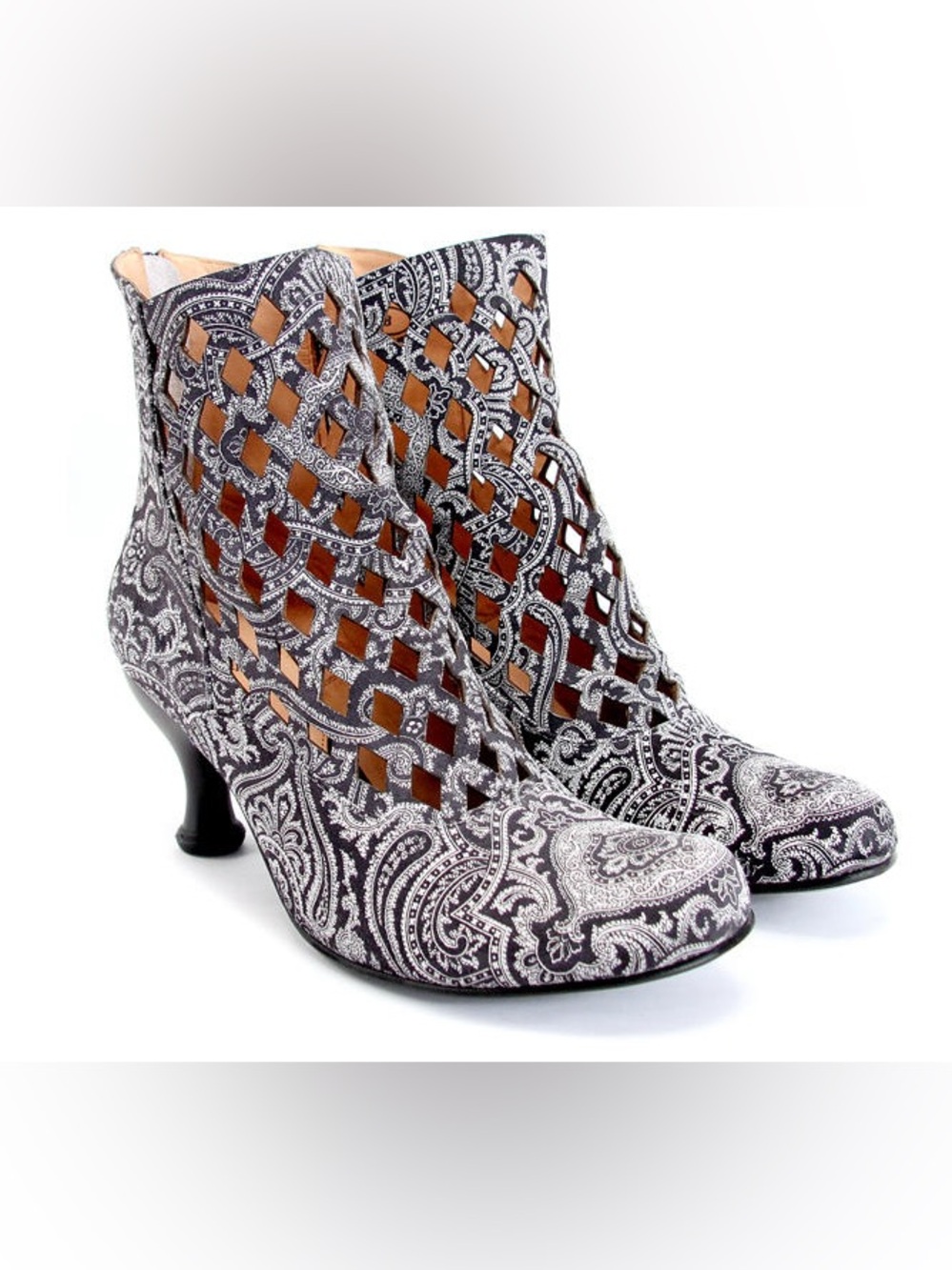 John Fluevog Murillo Grey Paisley Diamond Cutout Ankle Boots Suede Sz 6